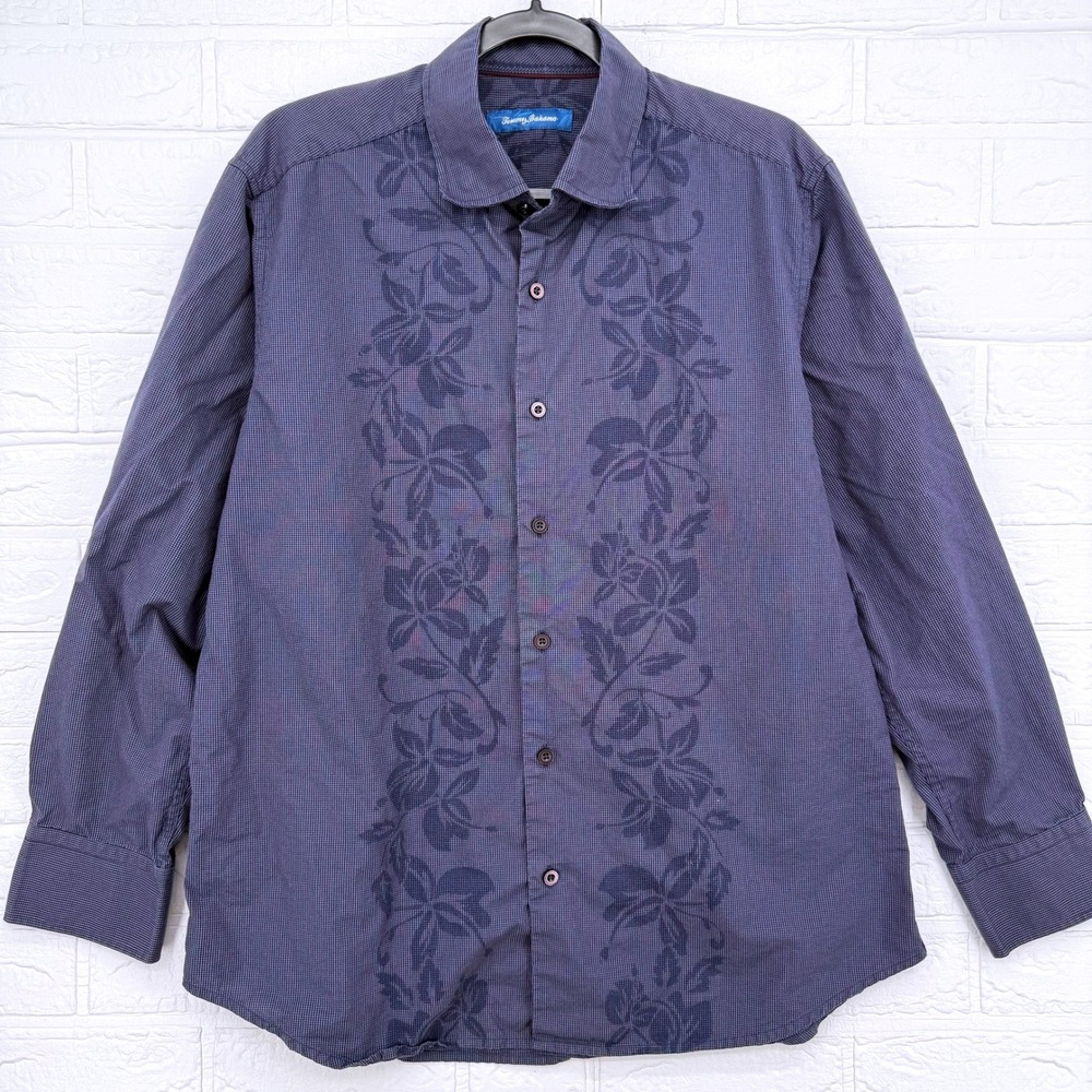 Tommy Bahama Button Down Shirt Mens Medium Blue Floral Micro Check Tropical